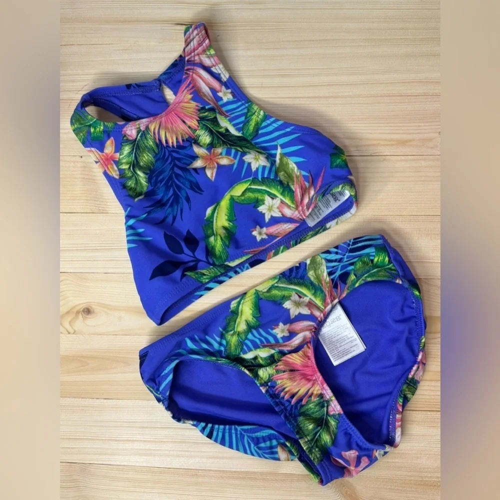 GAP Kids Tropical Floral Two Piece Swimsuit Bikini Blue Girls Size 4/5 XS Beach